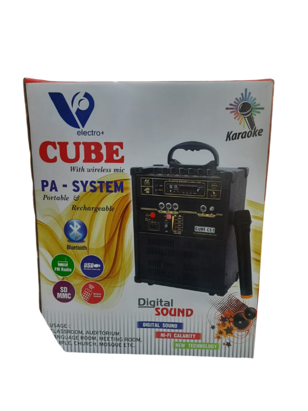 CUBE With Wireless Mic PA-System By VIVAANELECTRO, Three Mic Inputs, Portable & Rechargable, Auxiliary Input, 220V AC Power, Built-in Line Out Socket, Extra Speaker AC/DC, Full Function Remote, Compact & Durable Design