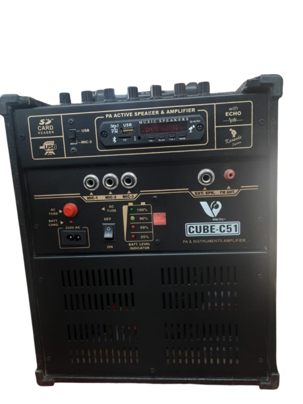 CUBE With Wireless Mic PA-System By VIVAANELECTRO, Three Mic Inputs, Portable & Rechargable, Auxiliary Input, 220V AC Power, Built-in Line Out Socket, Extra Speaker AC/DC, Full Function Remote, Compact & Durable Design - Image 5